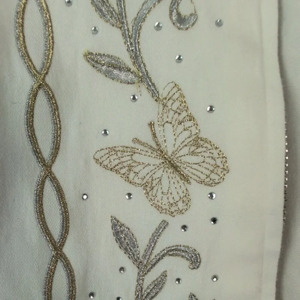 Embroidered Bead Denim Jacket XL White Gold Silver Butterfly Whimsy Boho Fairy